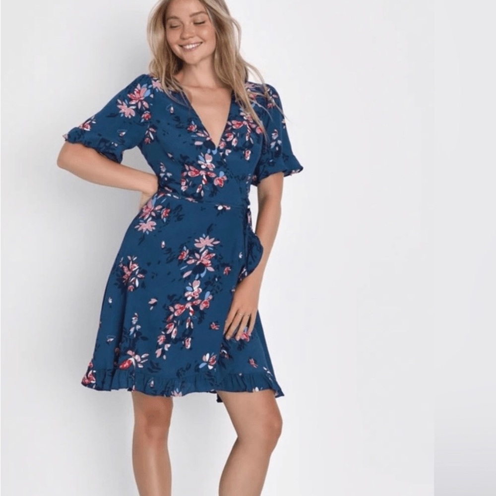 Lulu's Dalton Teal Blue Floral  Ruffled Wrap Dress XS